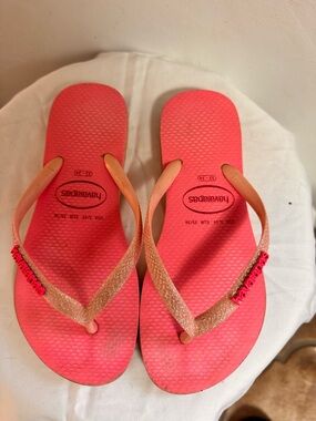 Havaianas Bright Coral Pink Flip Flops with Sparkle Champagne Straps